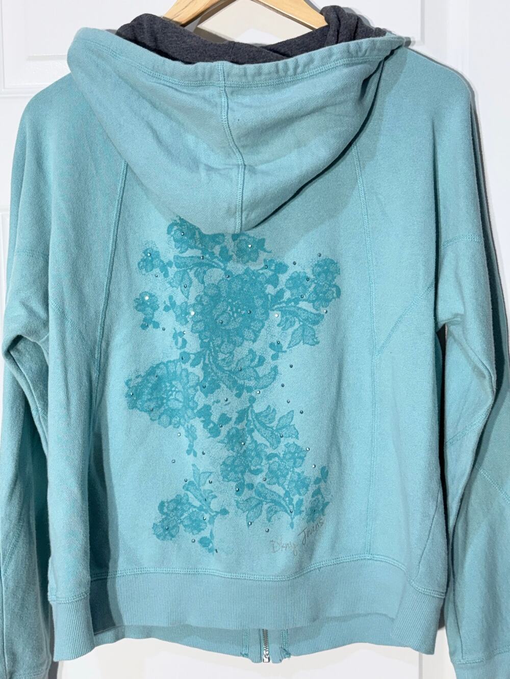 Vintage DKNY Jeans Turquoise Floral Rhinestone Zip-Up Hoodie, Women's Size M